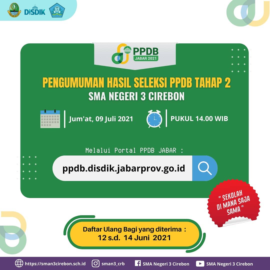 Pengumuman Hasil Seleksi PPDB Tahap 2 SMAN 3 Cirebon akan dilaksanakan pada Hari Jum'at, 9 Juli 2021 melalui Portal PPDB Jabar. Dan bagi Calon Peserta Didik yang dinyatakan diterima di SMAN 3 Cirebon harus melakukan Daftar Ulang, yaitu tanggal 12 sampai dengan 14 Juli 2021 secara daring pula.